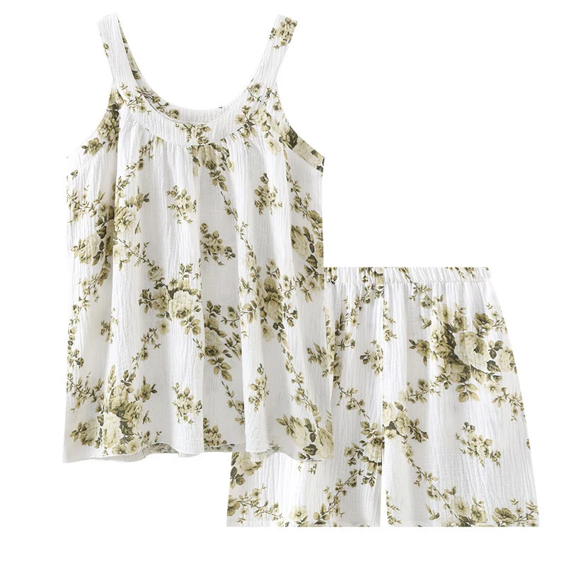 Ärmelloser Pyjama-Set aus Baumwollgaze mit Pfingstrosenmuster