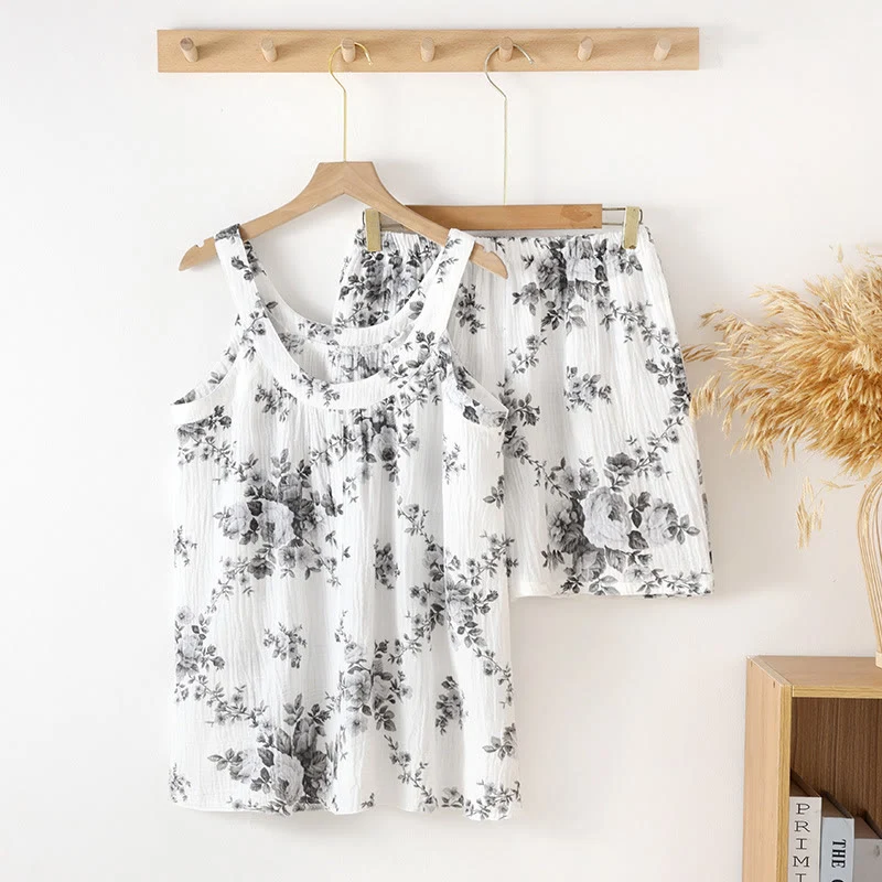 Ärmelloser Pyjama-Set aus Baumwollgaze mit Pfingstrosenmuster