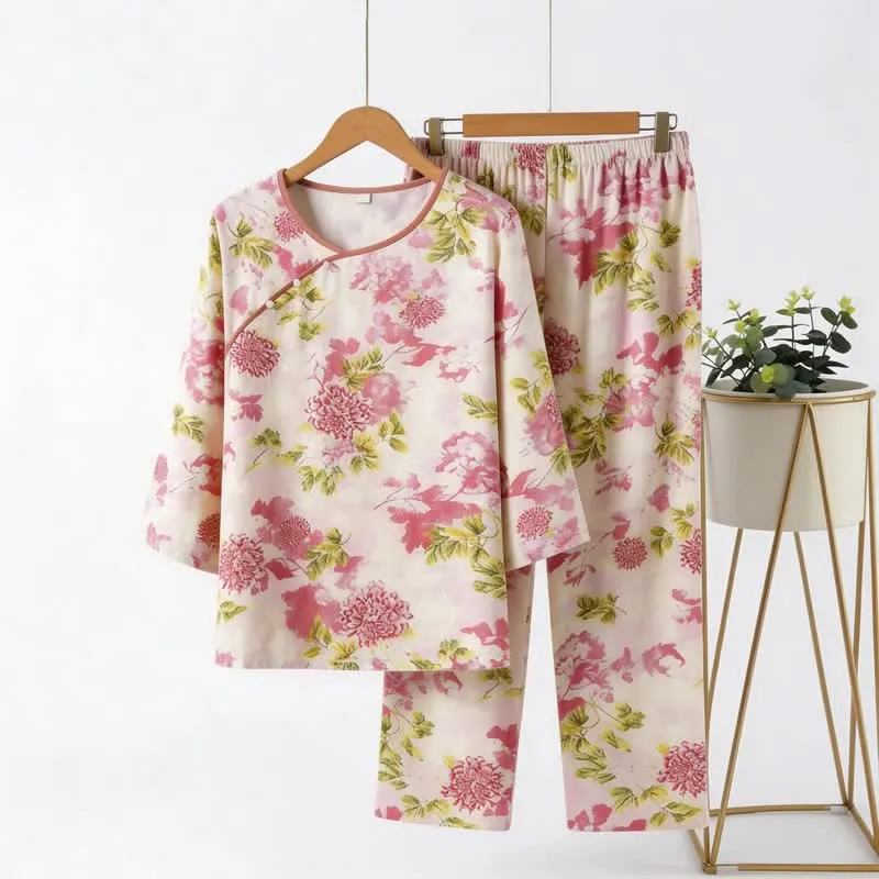 Orientalisches rosa Pyjama-Set mit Blumenmuster