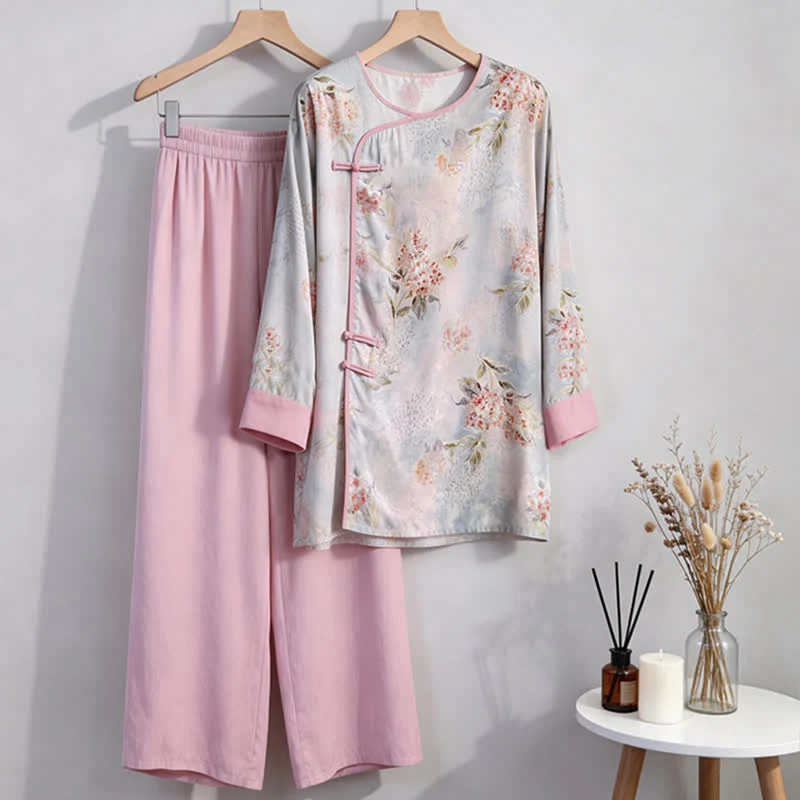 Rosa Loungewear-Set mit Blumenmuster im orientalischen Stil