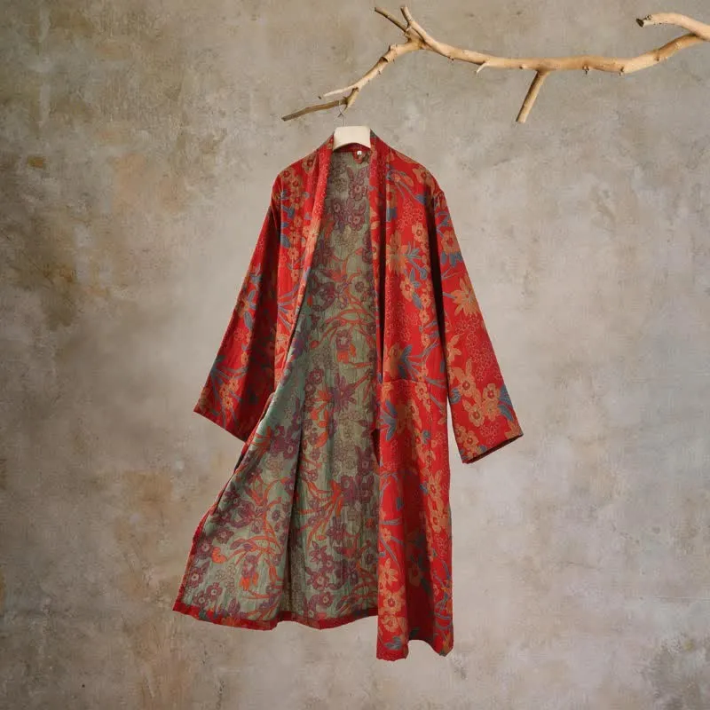Kimono-Baumwollmantel mit pastoralem Blumenmuster und Jacquard-Print