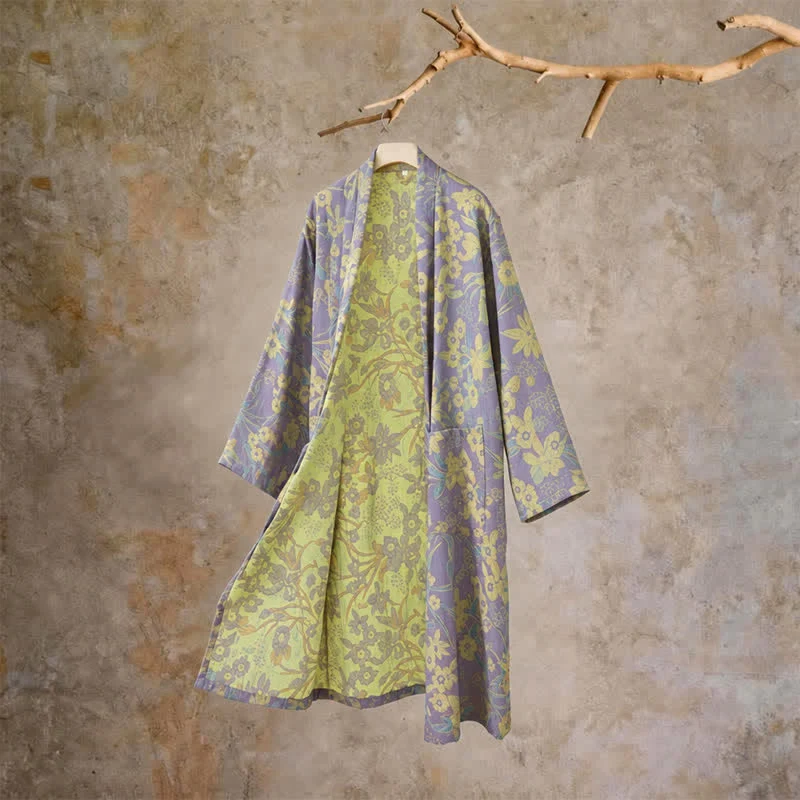 Kimono-Baumwollmantel mit pastoralem Blumenmuster und Jacquard-Print