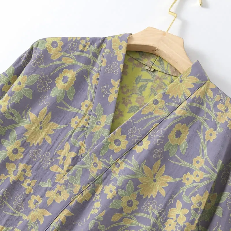 Kimono-Baumwollmantel mit pastoralem Blumenmuster und Jacquard-Print