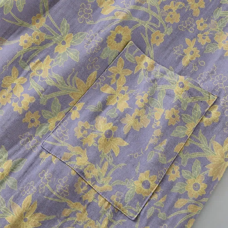 Kimono-Baumwollmantel mit pastoralem Blumenmuster und Jacquard-Print