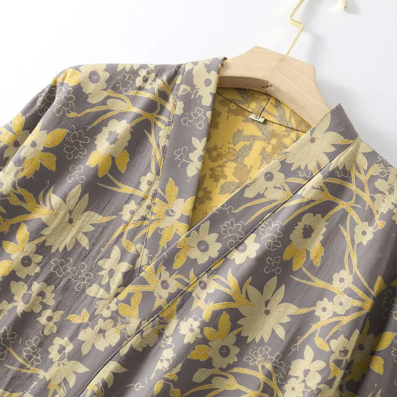 Kimono-Baumwollmantel mit pastoralem Blumenmuster und Jacquard-Print