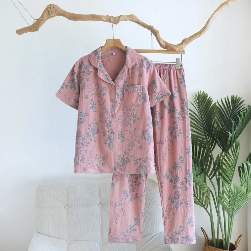 Pyjama-Set aus reiner Baumwolle mit Zweig- und Blumenmuster