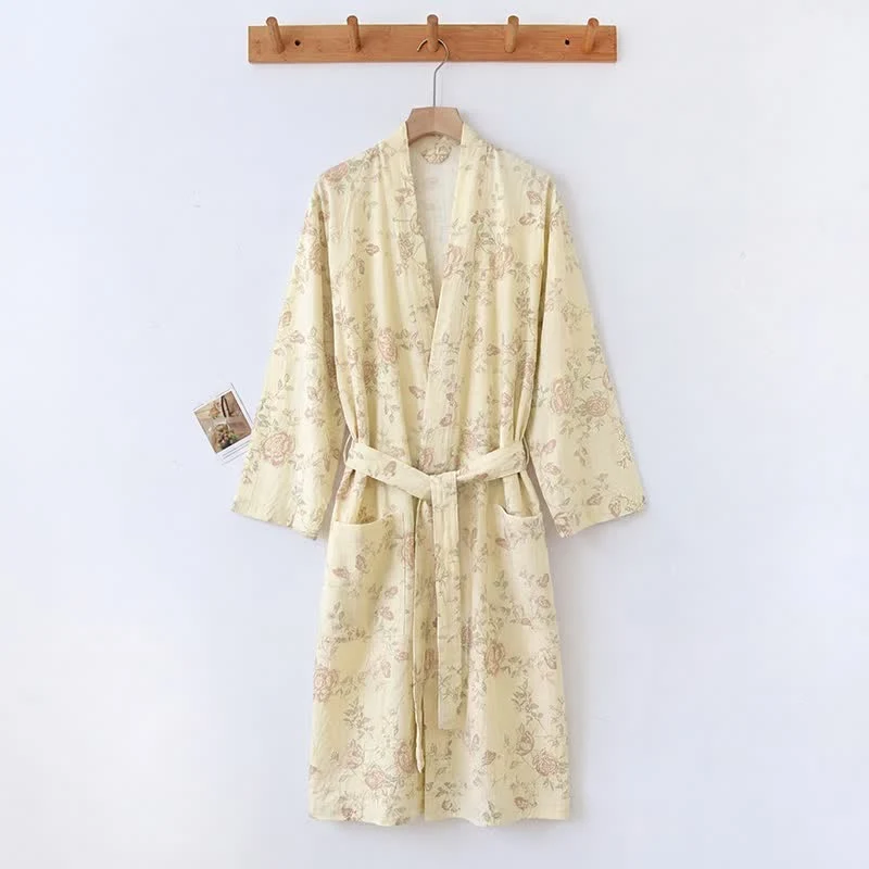 Kimono-Bademantel aus Baumwoll-Leinen mit pastoralem Blumenmuster