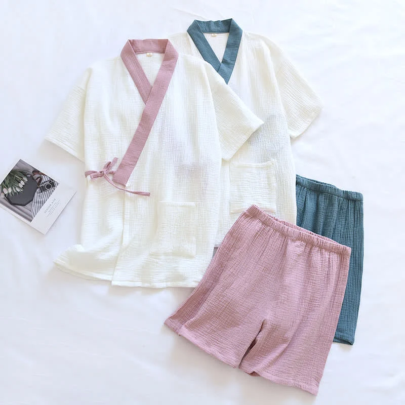 Japanischer Baumwollgaze-Pyjama-Set mit kurzen Ärmeln