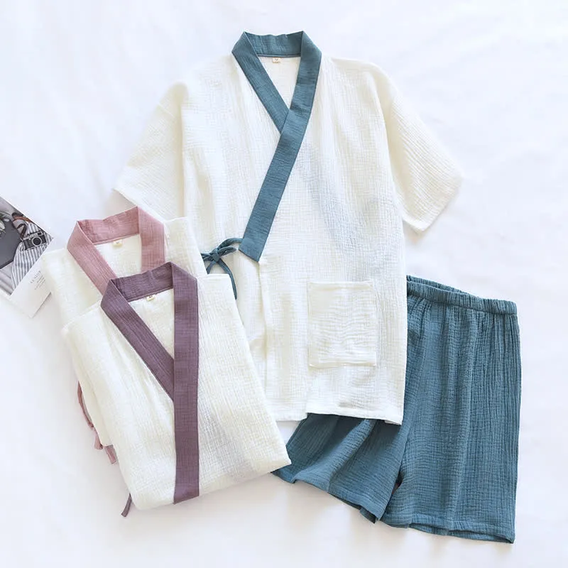 Japanischer Baumwollgaze-Pyjama-Set mit kurzen Ärmeln