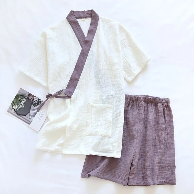 Japanischer Baumwollgaze-Pyjama-Set mit kurzen Ärmeln