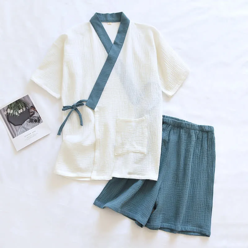 Japanischer Baumwollgaze-Pyjama-Set mit kurzen Ärmeln