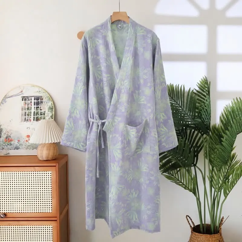Kimono-Bademantel aus doppellagigem Baumwoll-Doppelgaze mit Pfirsichblütenmuster