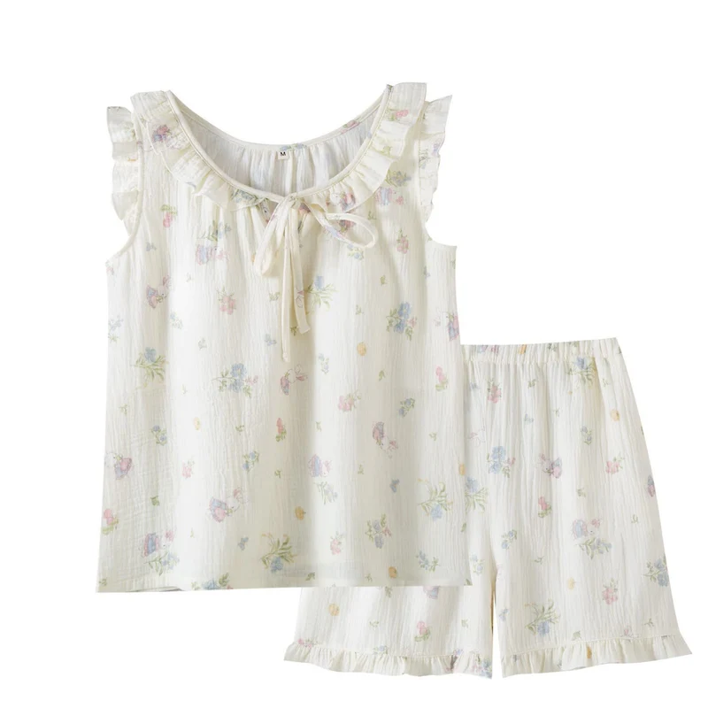 Pyjama aus Baumwollgaze mit Cartoon-Hasen- und Blumenmuster