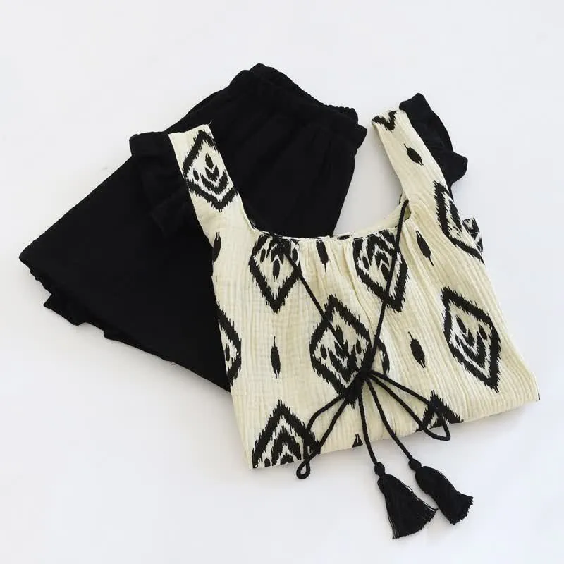 Boho-Pyjama-Set aus Baumwollgaze mit flatternden Ärmeln
