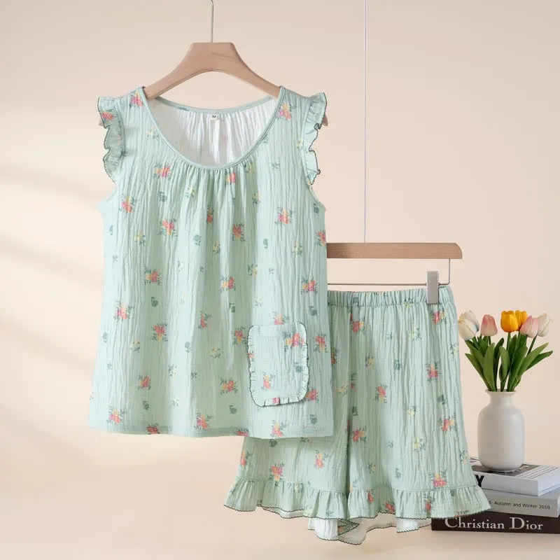 Pyjama-Set aus geblümtem Baumwollgaze mit flatternden Ärmeln