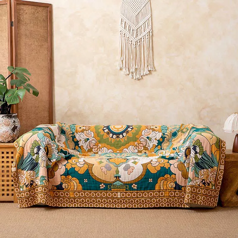 Luxuriöse Retro-Sofadecke aus Baumwollgaze mit Blumenmuster