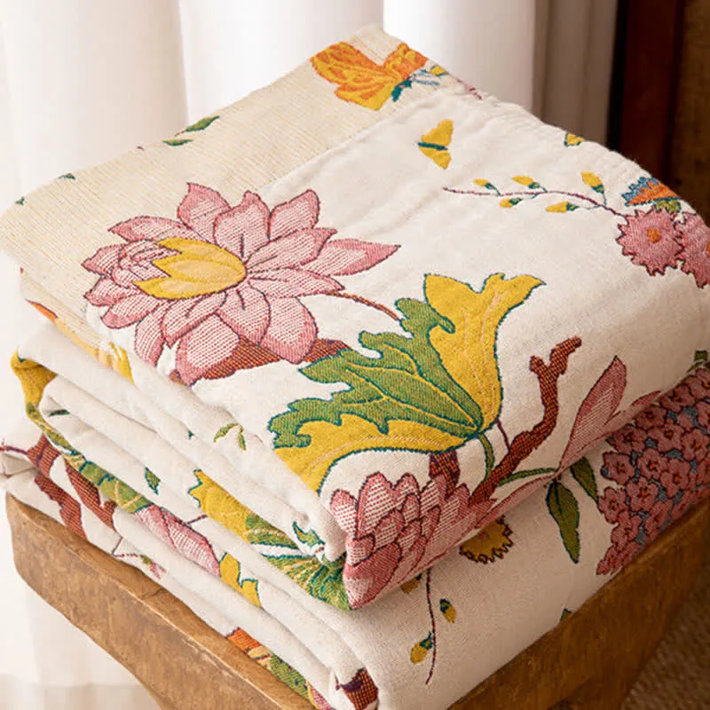 Landhaus-Sofadecke aus Baumwollgaze mit Blumenmuster und Vogelmotiven
