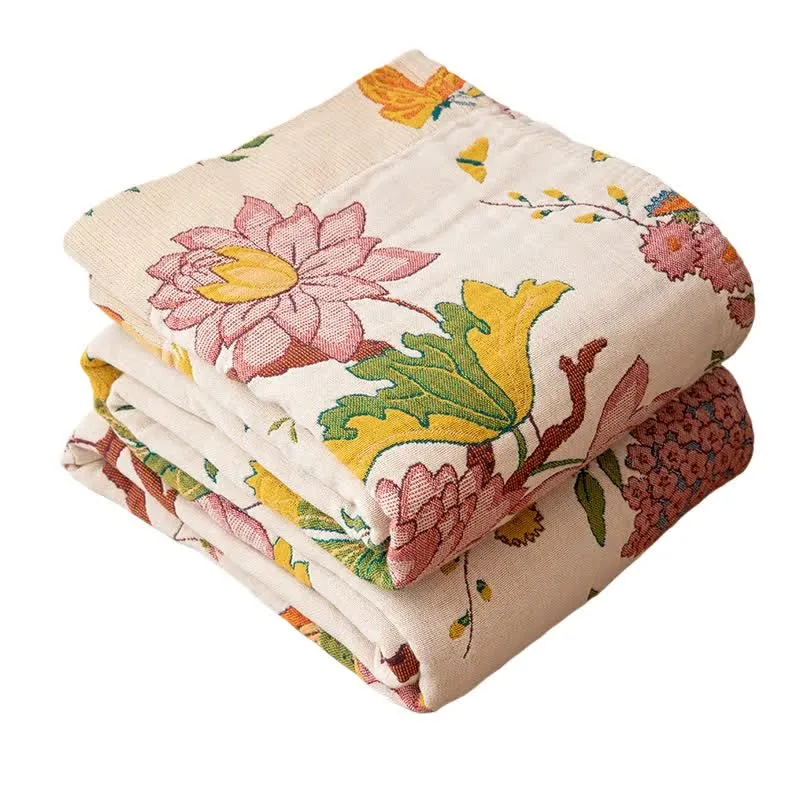 Landhaus-Sofadecke aus Baumwollgaze mit Blumenmuster und Vogelmotiven