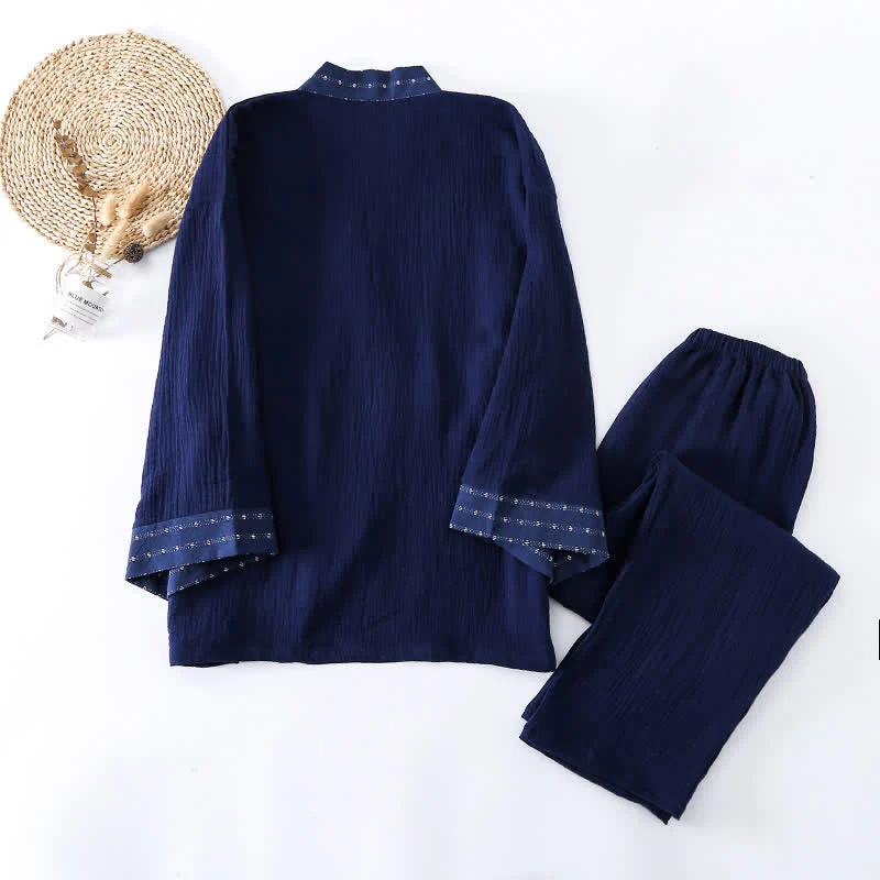 Kimono-Pyjama-Set aus marineblauem Baumwollgaze