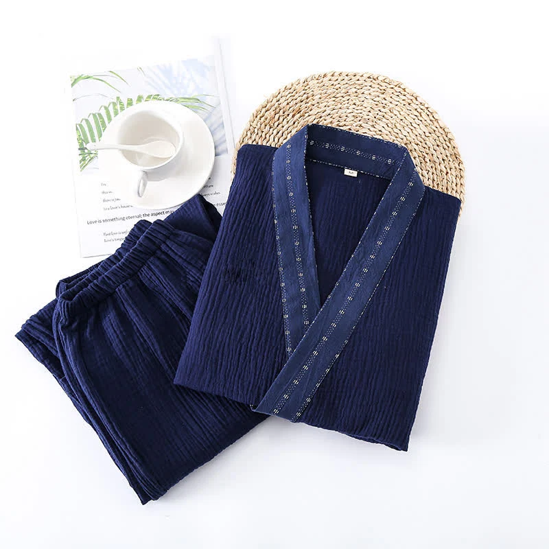 Kimono-Pyjama-Set aus marineblauem Baumwollgaze