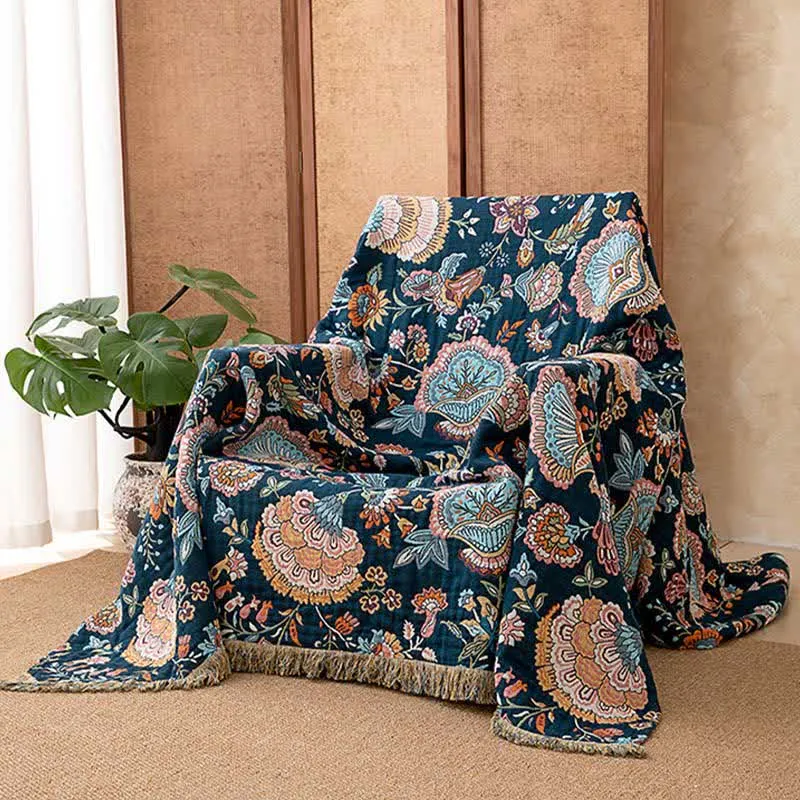 Boho-Sofadecke aus Baumwolle mit Blumenmuster und Quasten
