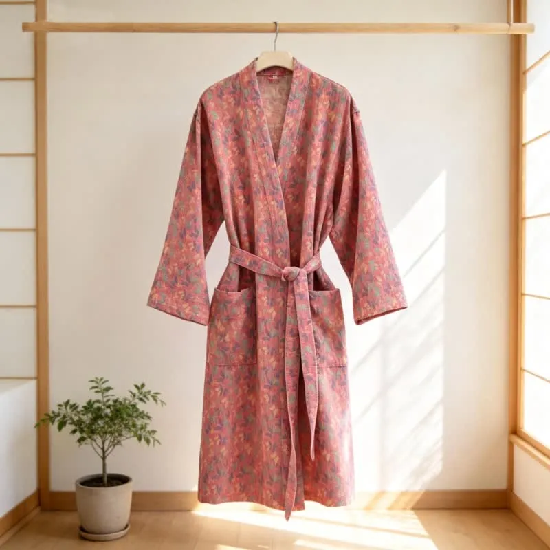 Kimono-Bademantel aus Baumwollgaze mit Schmetterlingsmuster und Jacquardmuster