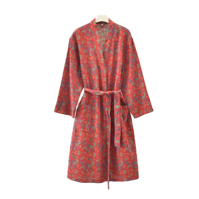 Kimono-Bademantel aus Baumwollgaze mit Schmetterlingsmuster und Jacquardmuster