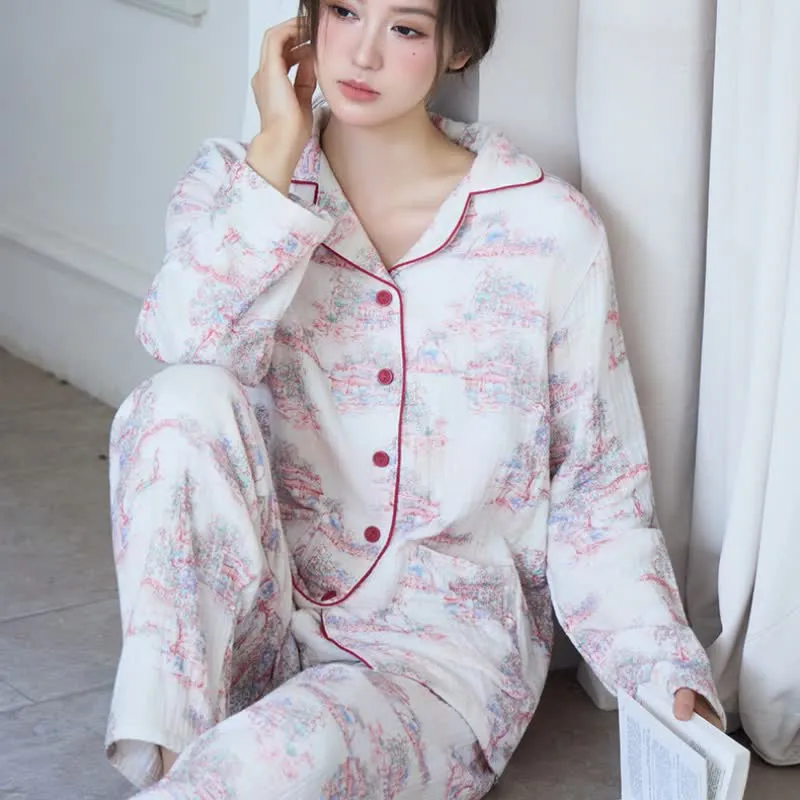 Orientalischer Loungewear-Bekleidung aus Baumwollgaze mit künstlerischem Baummotiv
