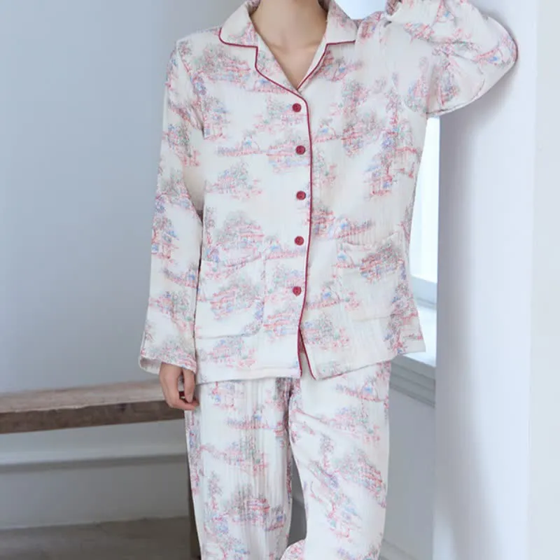 Orientalischer Loungewear-Bekleidung aus Baumwollgaze mit künstlerischem Baummotiv
