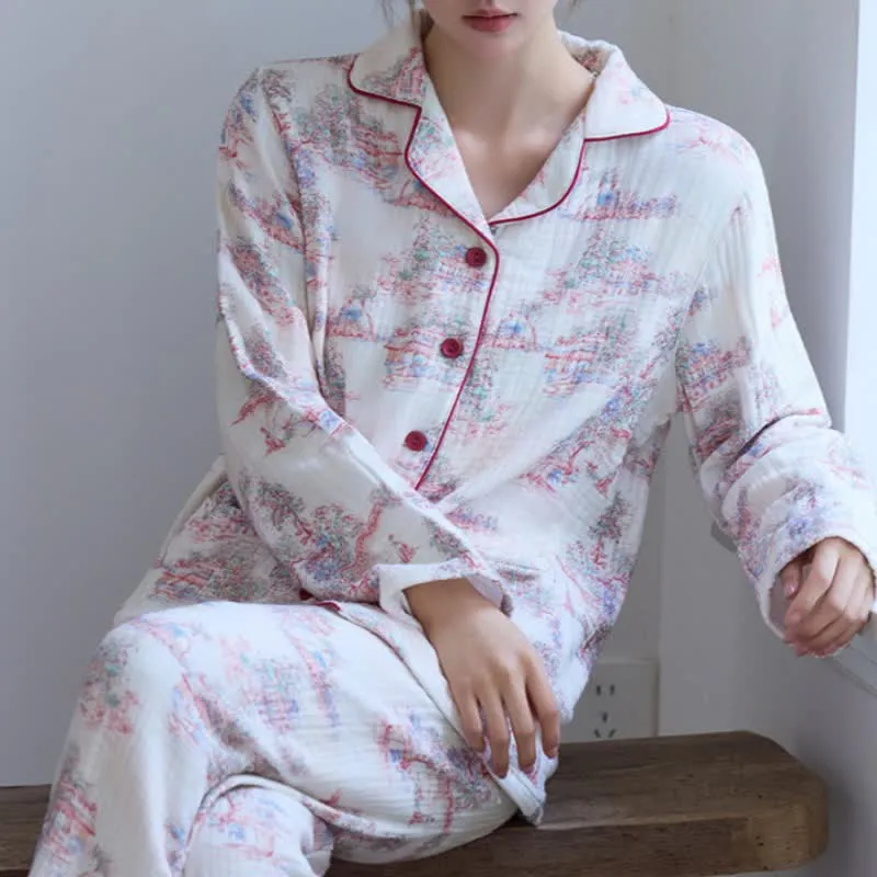 Orientalischer Loungewear-Bekleidung aus Baumwollgaze mit künstlerischem Baummotiv