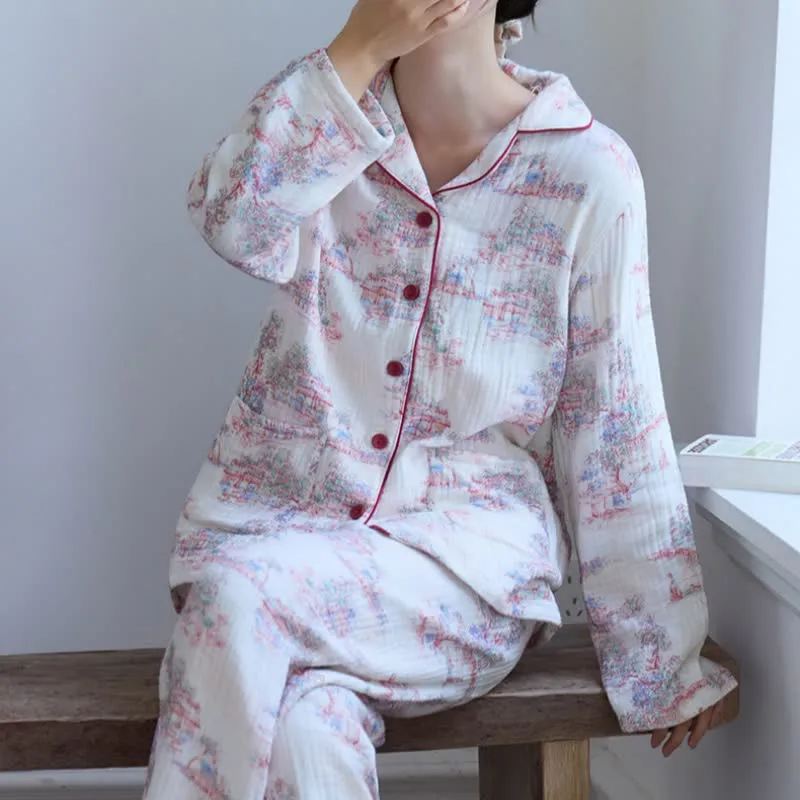 Orientalischer Loungewear-Bekleidung aus Baumwollgaze mit künstlerischem Baummotiv