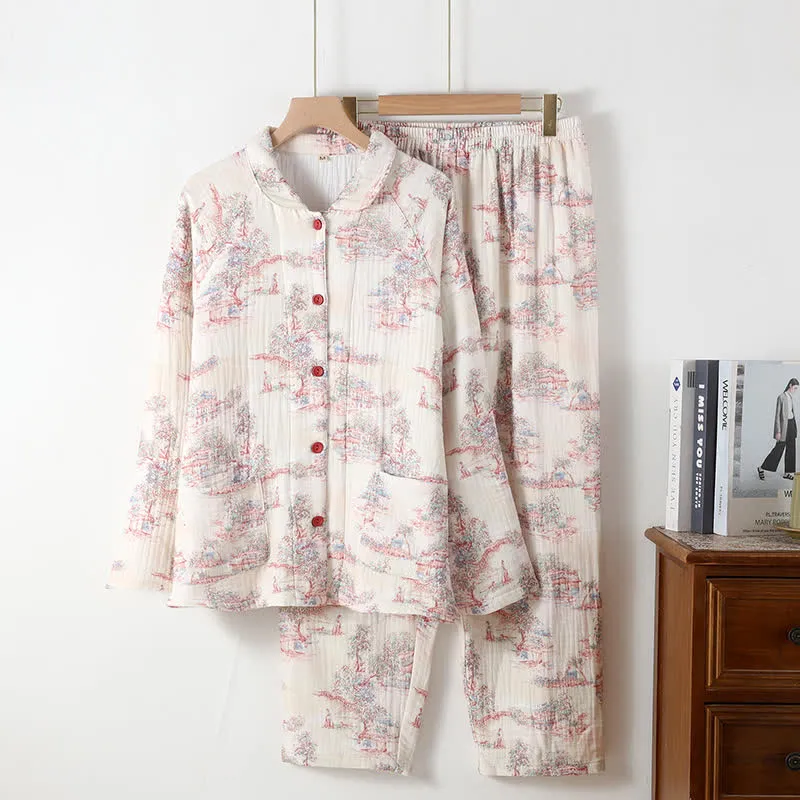 Orientalischer Loungewear-Bekleidung aus Baumwollgaze mit künstlerischem Baummotiv