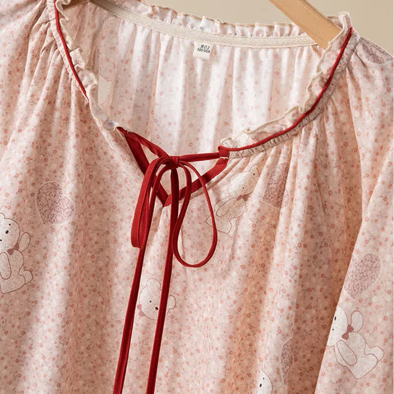 Loungewear-Set aus Baumwolle mit Rüschen und Blumenmuster und Bärenmotiv