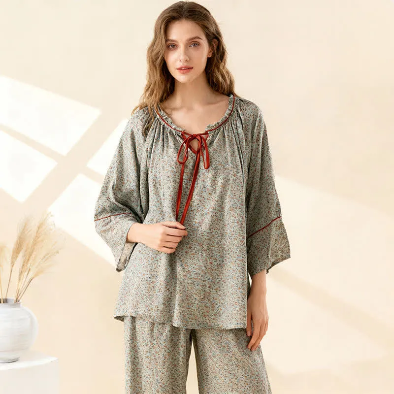 Grünes, geblümtes Loungewear-Set aus Baumwolle mit Rüschen