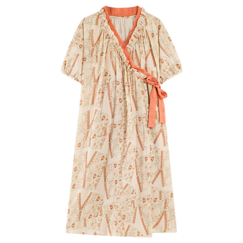 Nachthemd mit Vintage-Muster, Rüschenkragen und seitlicher Bindefläche
