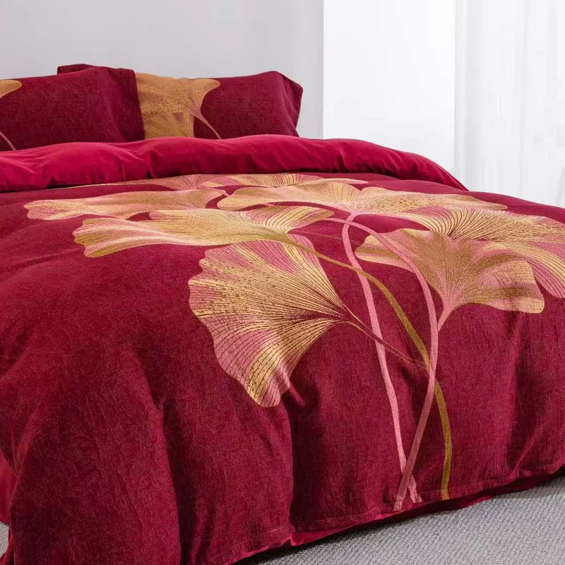 Bettwäsche-Set aus Baumwolle mit rotem und goldenem Ginkgoblatt (4-teilig)