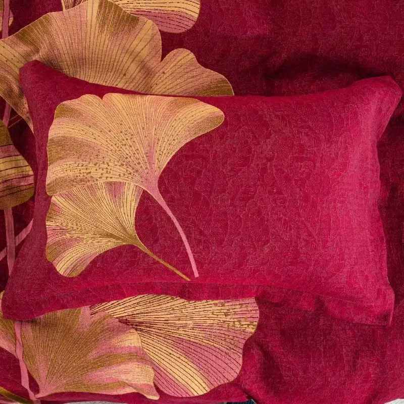 Bettwäsche-Set aus Baumwolle mit rotem und goldenem Ginkgoblatt (4-teilig)