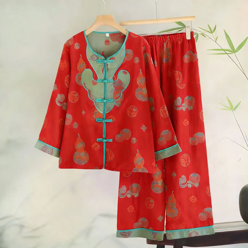 Pyjama aus orientalischem Kürbis-Jacquard-Baumwollgaze