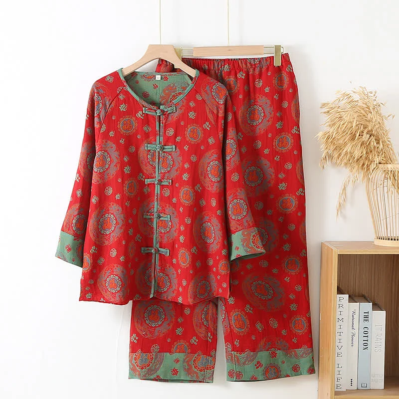 Loungewear-Set aus Baumwolle mit orientalischem kreisförmigem Fu-Motiv