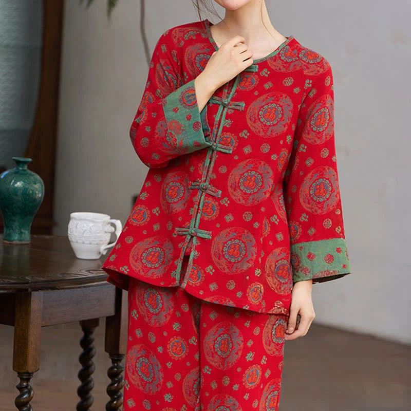 Loungewear-Set aus Baumwolle mit orientalischem kreisförmigem Fu-Motiv