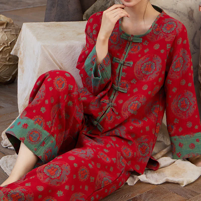 Loungewear-Set aus Baumwolle mit orientalischem kreisförmigem Fu-Motiv