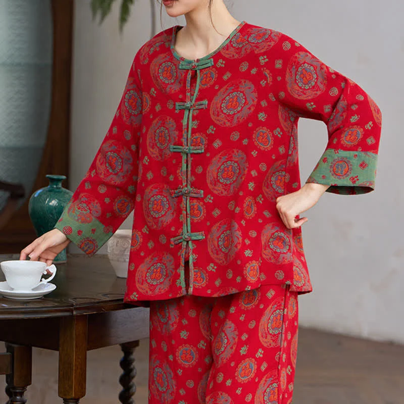 Loungewear-Set aus Baumwolle mit orientalischem kreisförmigem Fu-Motiv