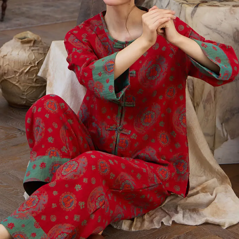 Loungewear-Set aus Baumwolle mit orientalischem kreisförmigem Fu-Motiv