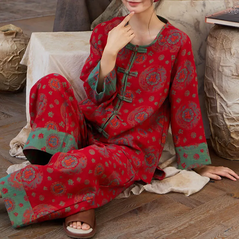 Loungewear-Set aus Baumwolle mit orientalischem kreisförmigem Fu-Motiv