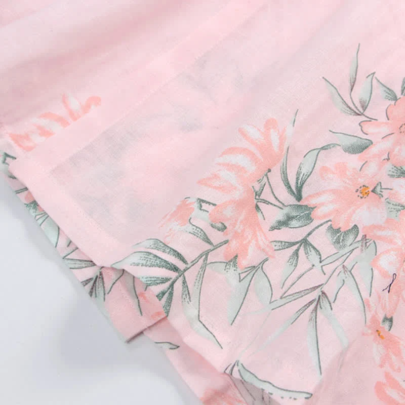 Kimono-Bademantel aus rosa Baumwollgaze mit Blumenmuster