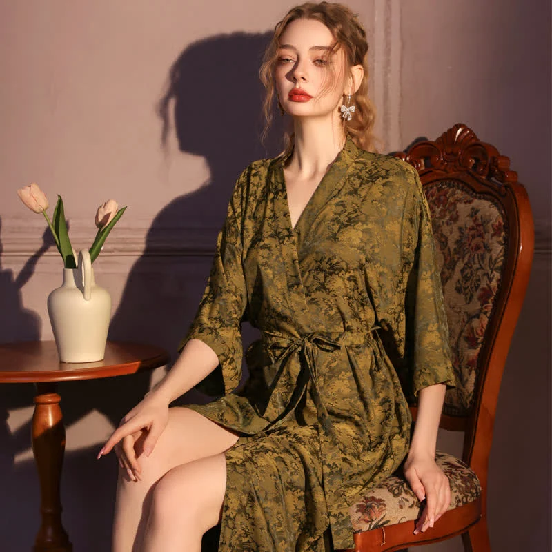 Künstlerisch inspirierter Jacquard-Bademantel mit 3/4-Ärmeln