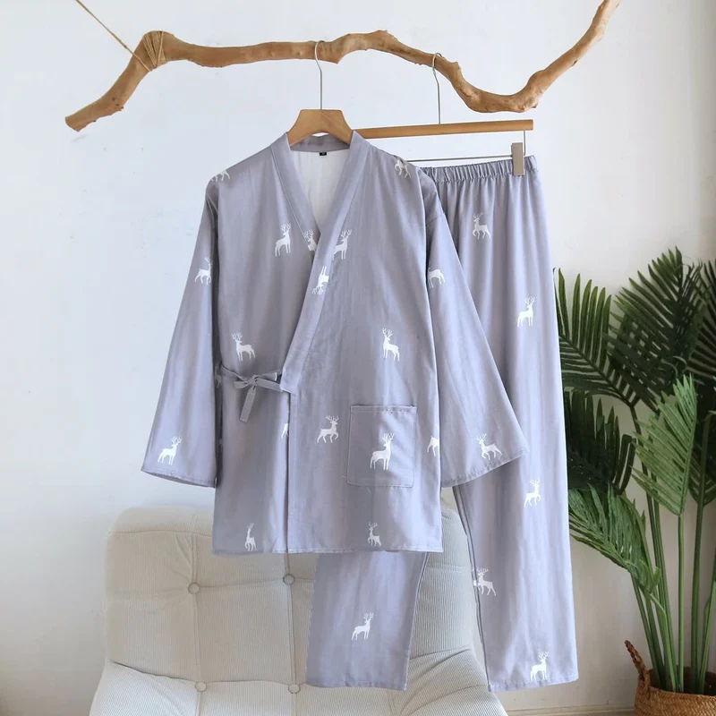 Kimono-Set aus Baumwollgaze mit Hirschmotiv