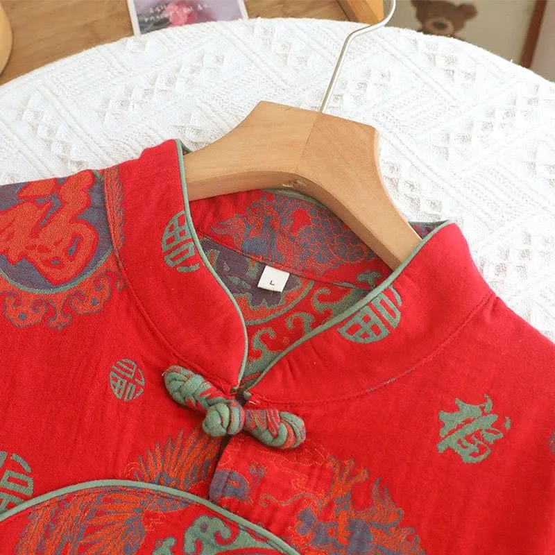 Glückverheißendes Baumwoll-Pyjama-Set mit Stehkragen