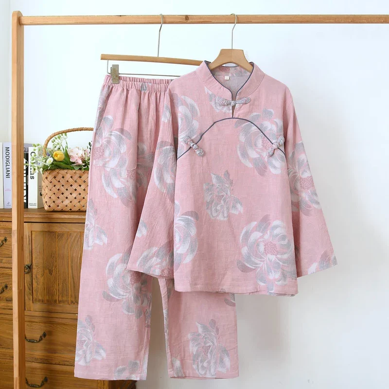 Baumwoll-Pyjama-Set mit Pfingstrosenmuster und Stehkragen