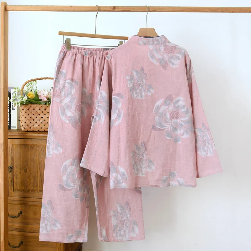 Baumwoll-Pyjama-Set mit Pfingstrosenmuster und Stehkragen